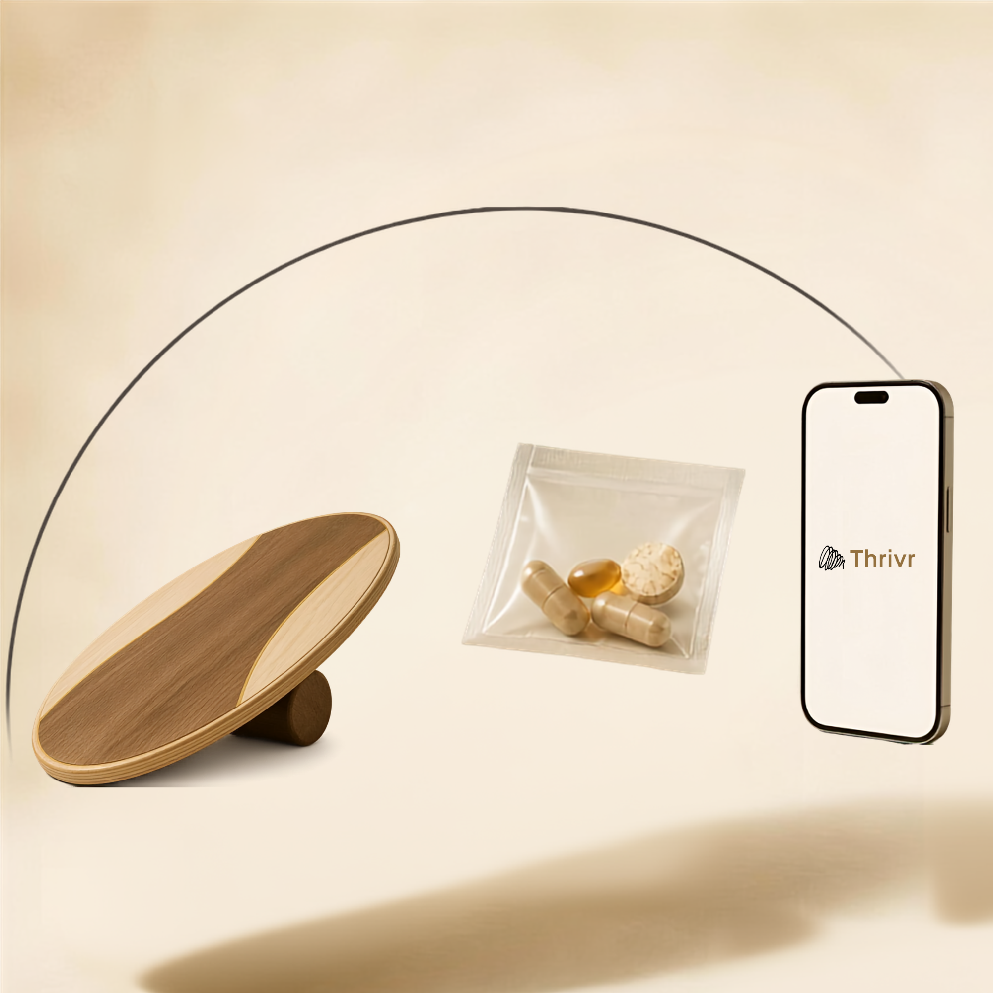 Prancha de equilíbrio de madeira Thrivr Reset, sachê de suplemento personalizado e o app Thrivr no celular