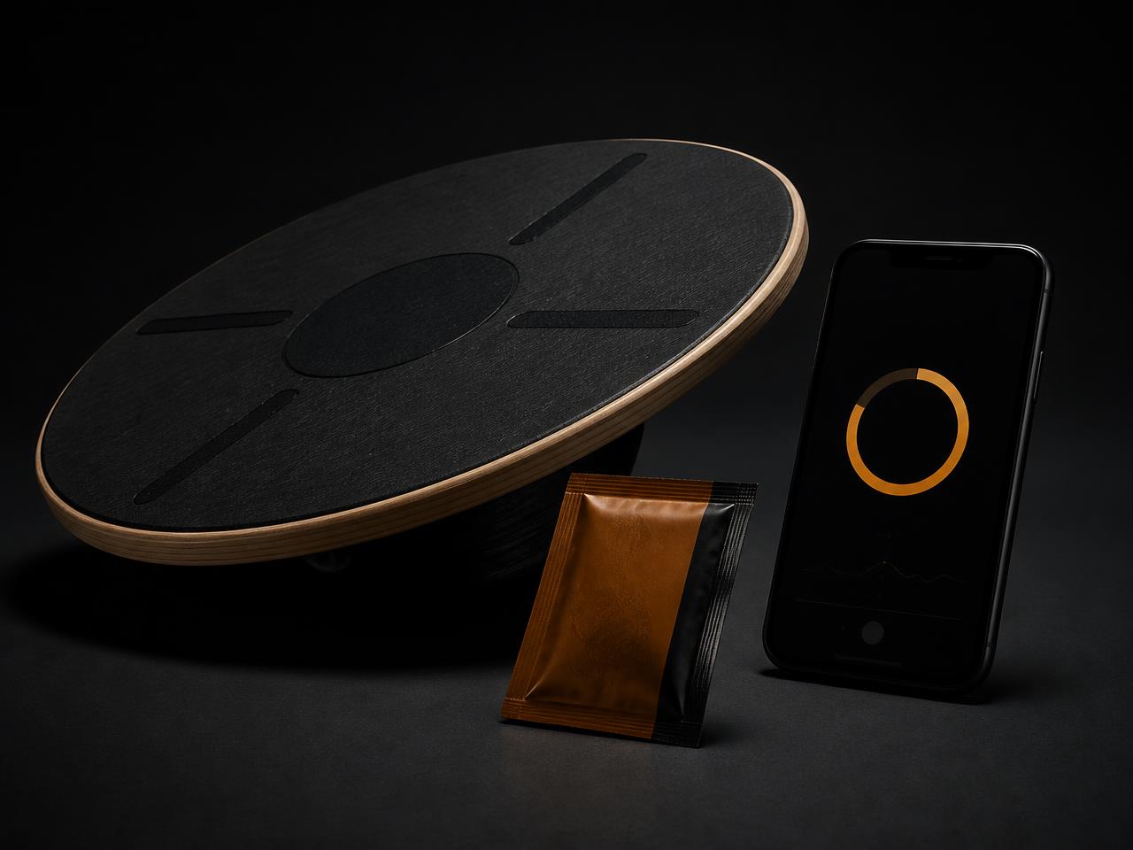 Thrivr Reset balance board, personalized supplement sachet, and app dashboard showing the Regulation Score